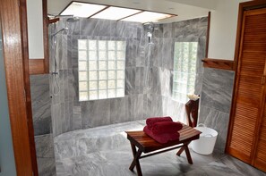 Ensemble baignoire-douche, séchoir à cheveux, serviettes fournies
