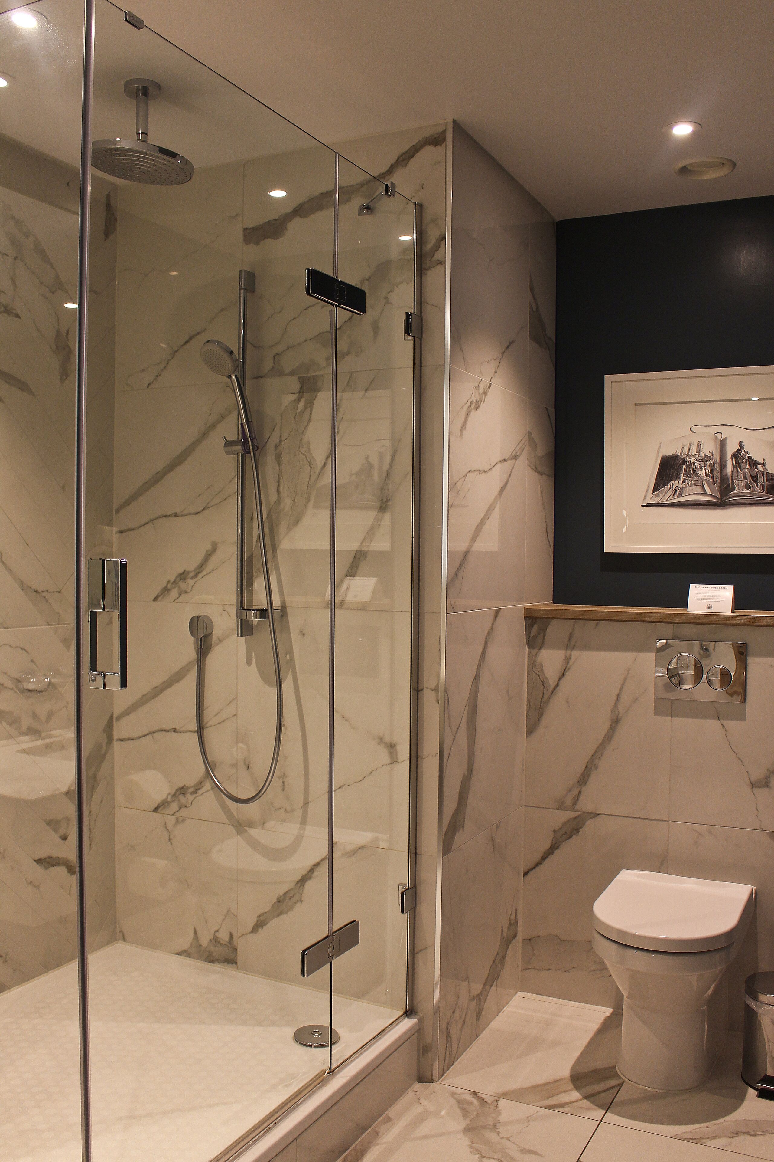 Un baño moderno con ducha envuelta en vidrio, paredes de mármol, inodoro y un cuadro enmarcado en la pared.