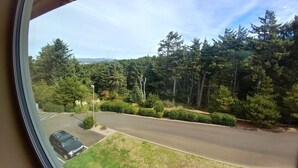 Blick aus einem Fenster auf eine Straße mit einem stehenden Auto, umgeben von dichtem Wald und blauem Himmel.