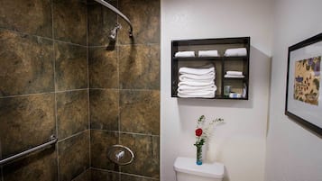 Combined shower/bathtub, hair dryer, towels