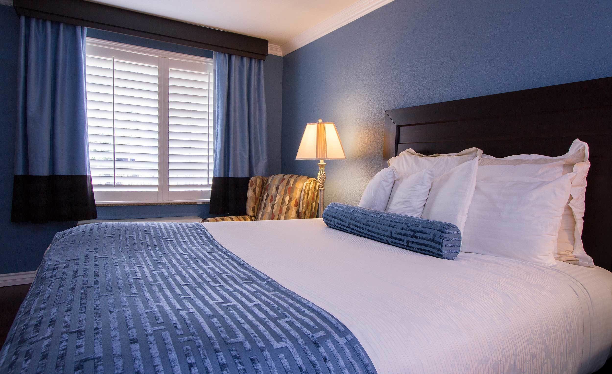 A hotel room with a large bed, a nightstand, a lamp, and a view of the outside through the window.