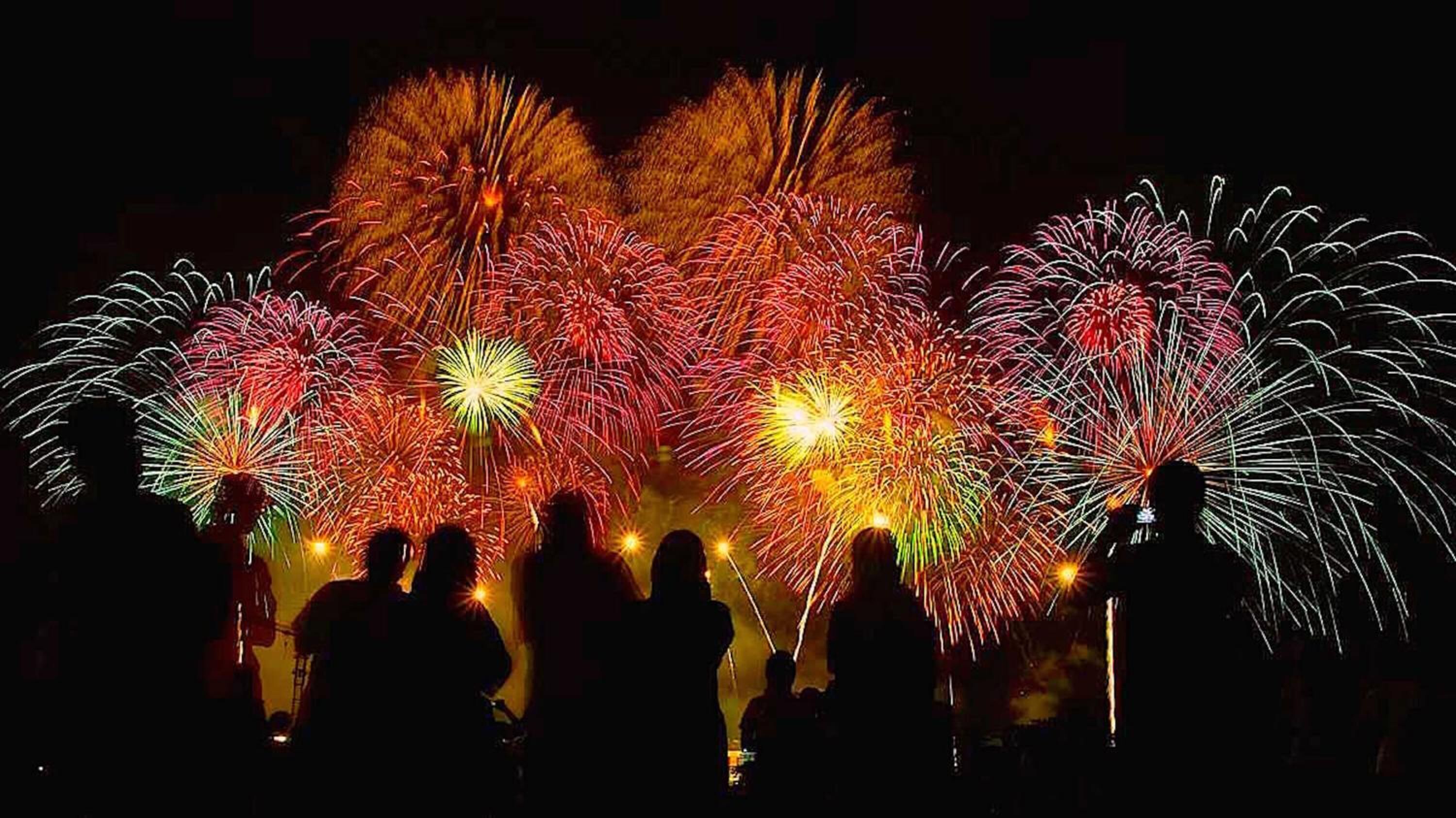 Een nachtzicht van vuurwerk, met silhouetten van mensen die toekijken.
