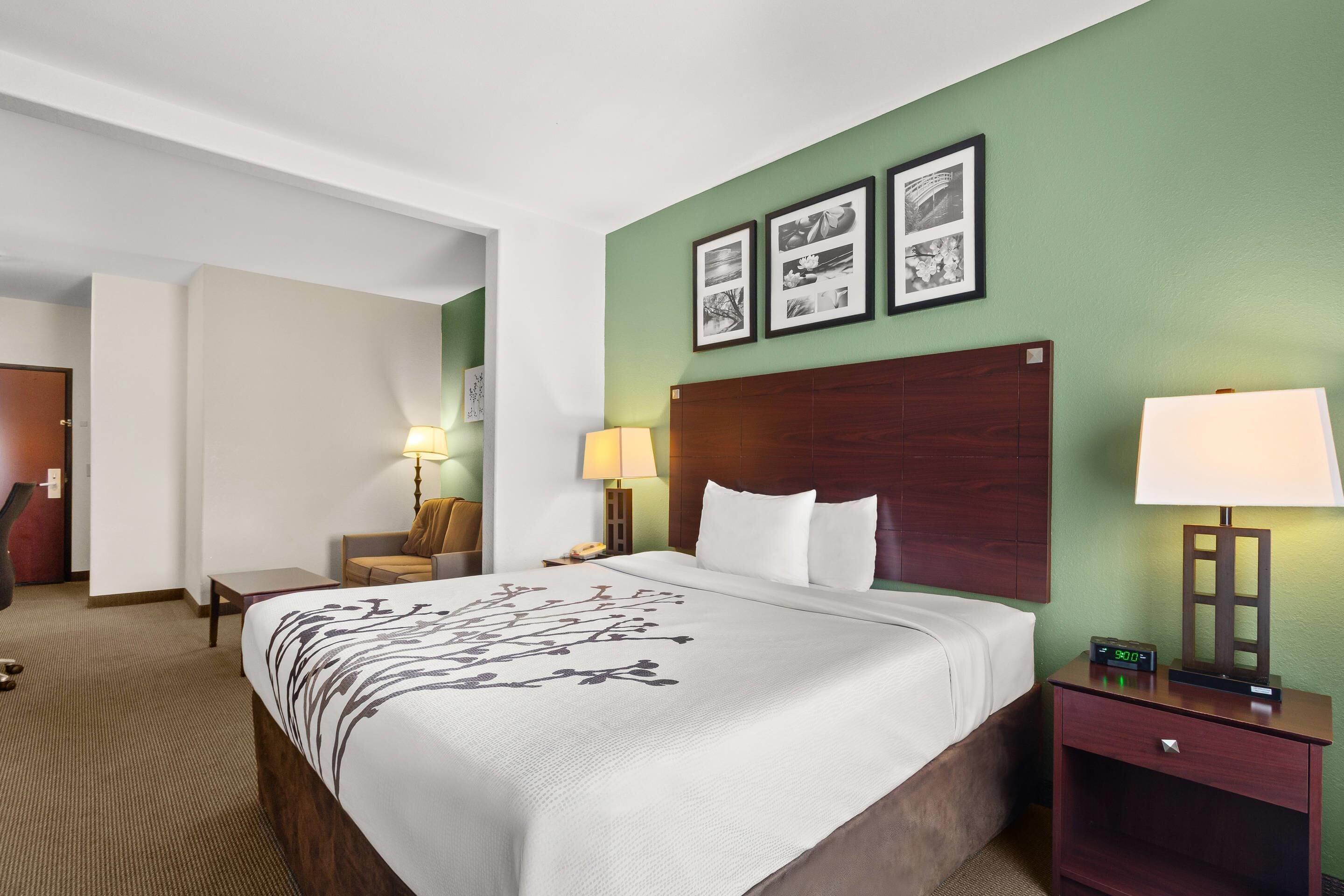 Camera d'albergo con un letto grande, due comodini, una sedia e una parete con quadri appesi.