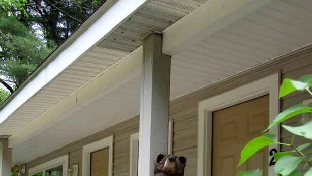 Une véranda en bois ornée d’une statue d’ours, avec une porte et une fenêtre.