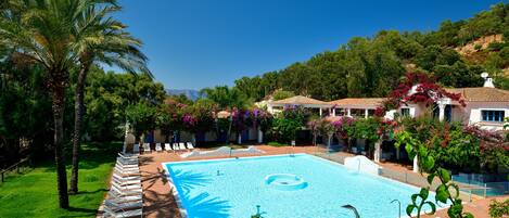 Una piscina con sillones de descanso y palmeras, rodeada de vegetación y edificios.
