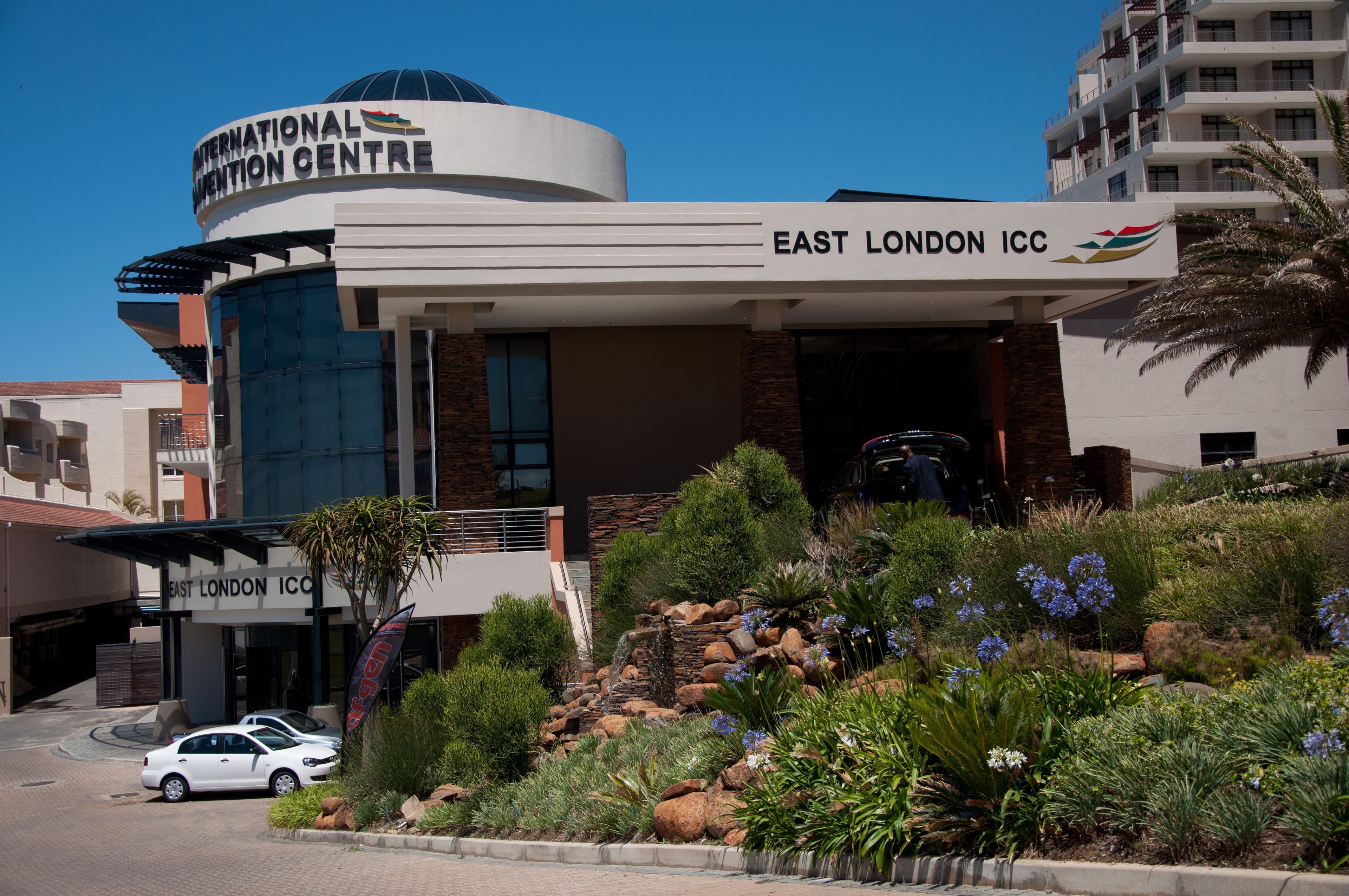 The East London ICC building with a sign for the International Convention Centre.