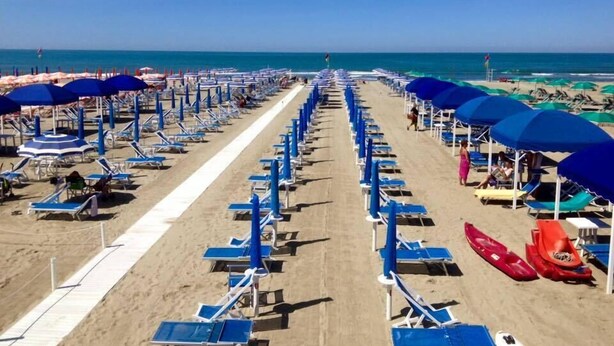 A beach with rows of blue sun loungers and umbrellas, a sandy walkway, and a clear view of the ocean. - Hotel Sylvia (Camaiore)