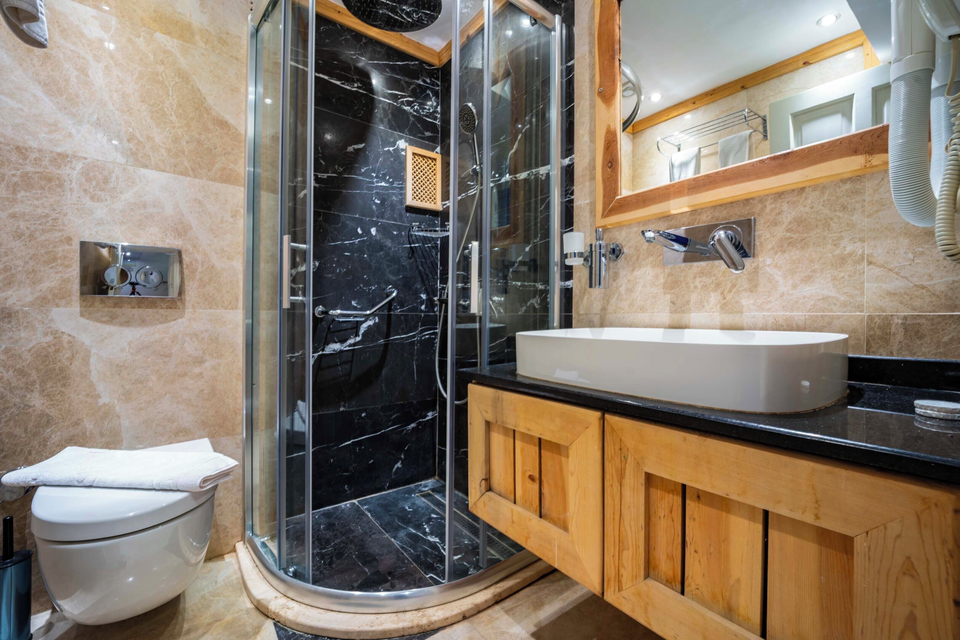 shower, rainfall showerhead, hair dryer, slippers