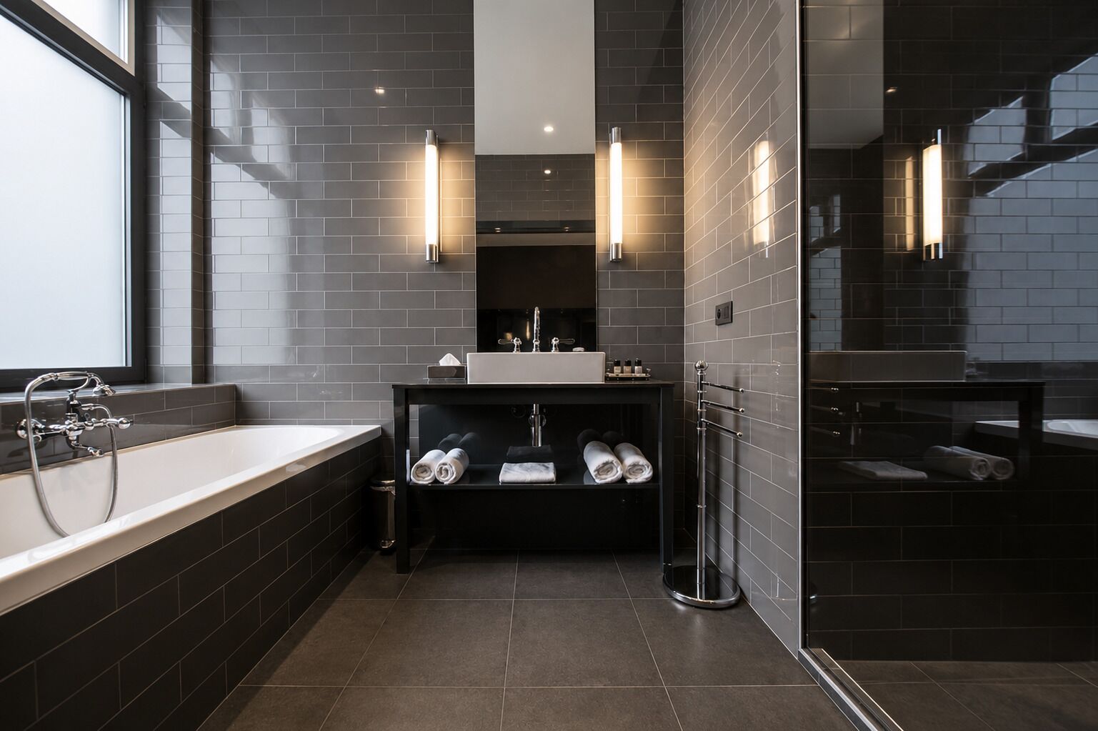 A modern bathroom with a bathtub, a vanity with a mirror, and towel racks.