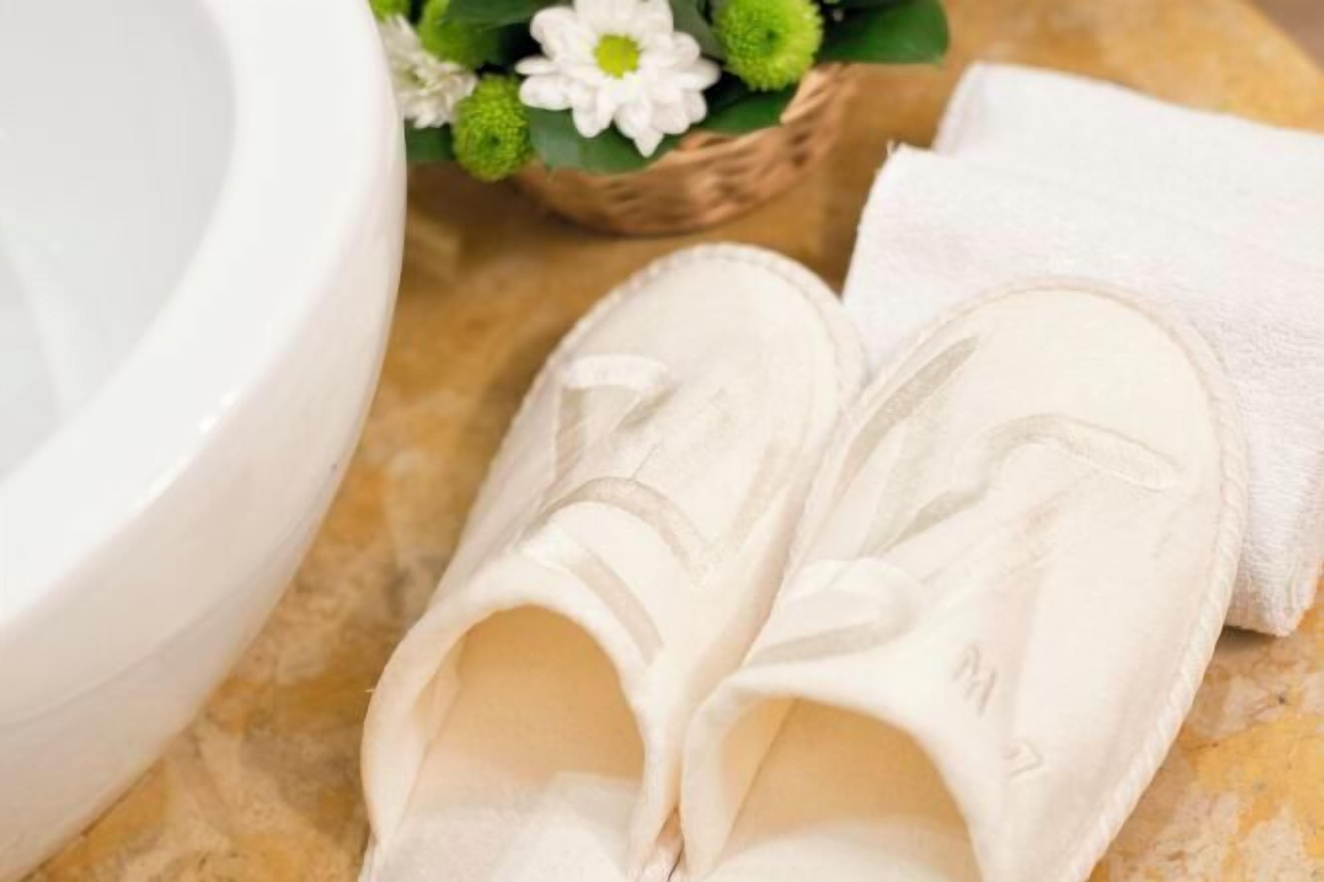 Designer toiletries, hair dryer, slippers, bidet