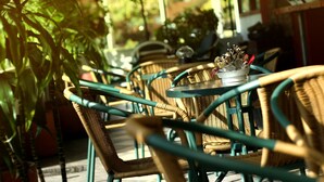 Sillas y mesas de mimbre en un café al aire libre con plantas en macetas.