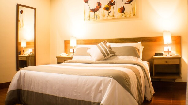 Una cama bien hecha con una colcha a rayas, dos mesitas de noche con lámparas, un cuadro de flores en la pared y un espejo en la pared izquierda.