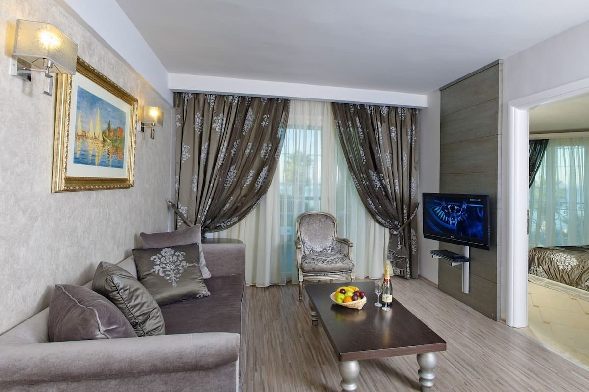 Una sala moderna con un sofá, una silla, una mesa baja con fruta y una botella, un televisor y vistas al balcón.