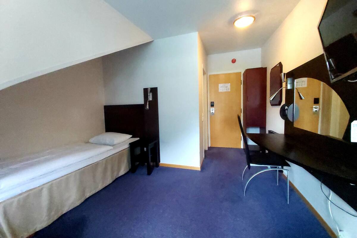 A compact hotel room with a single bed, a desk, a chair, and a mirror.