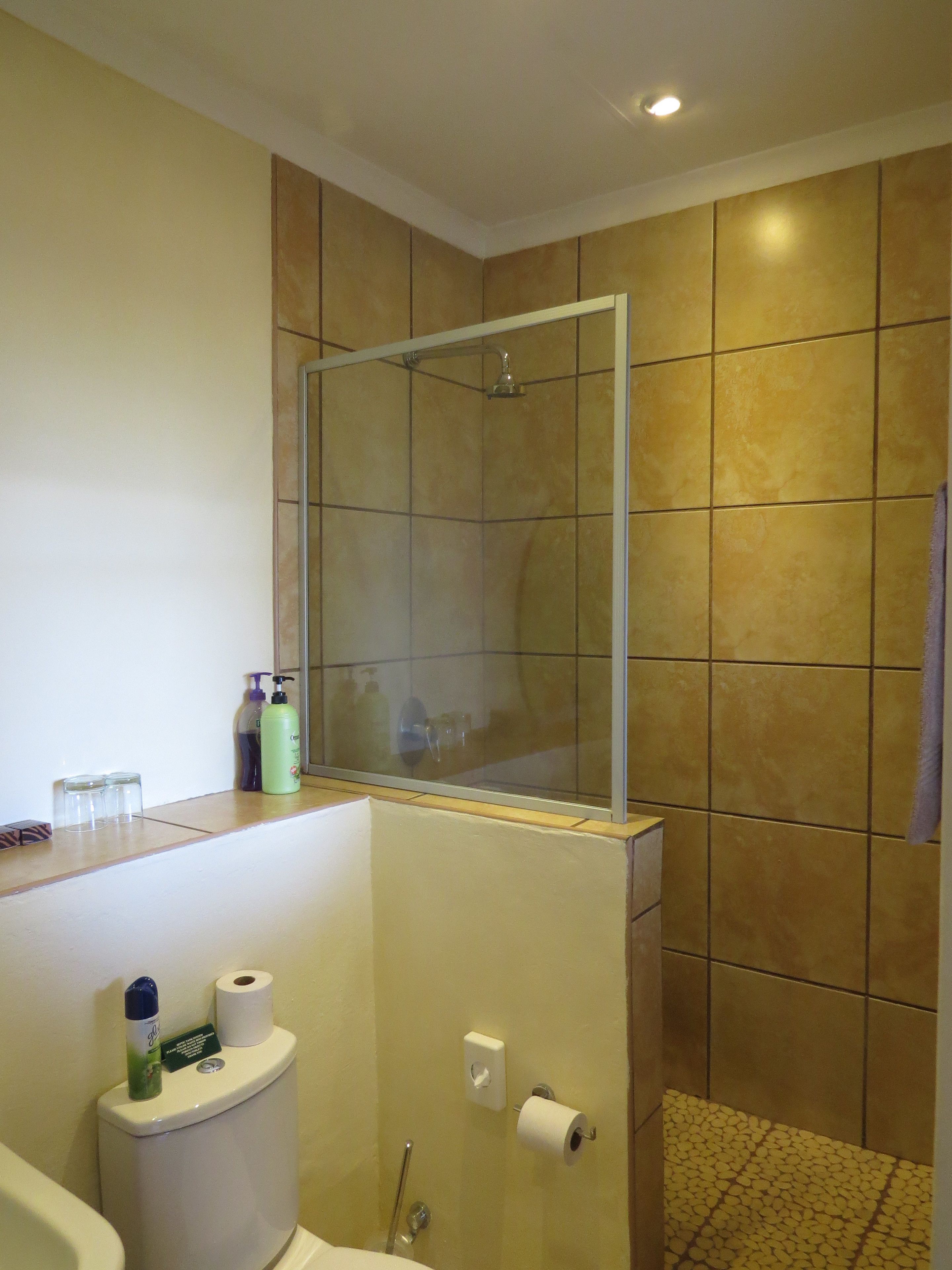 A bathroom with a shower, toilet, and sink.