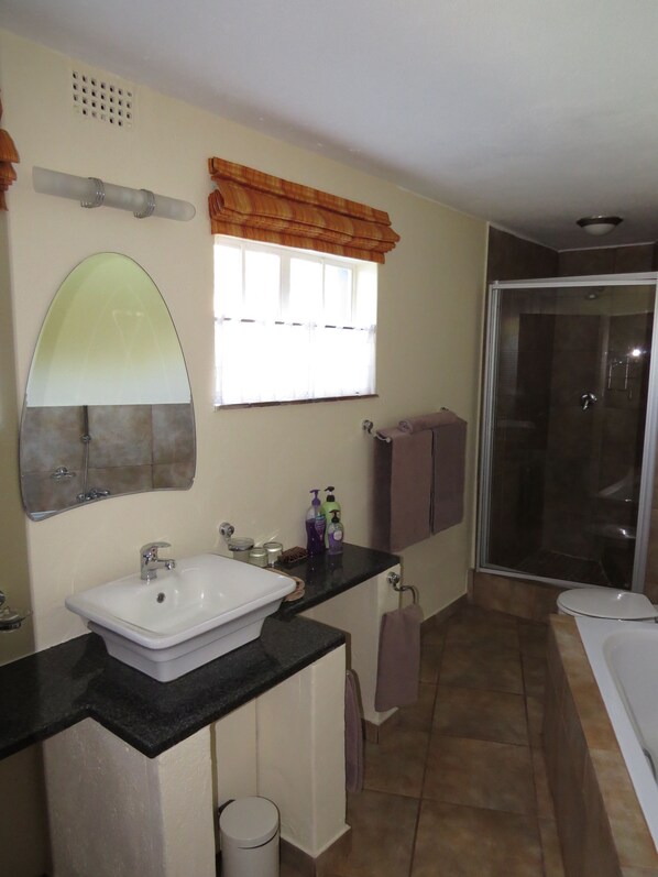 A bathroom with a sink, mirror, window, shower, and toilet.
