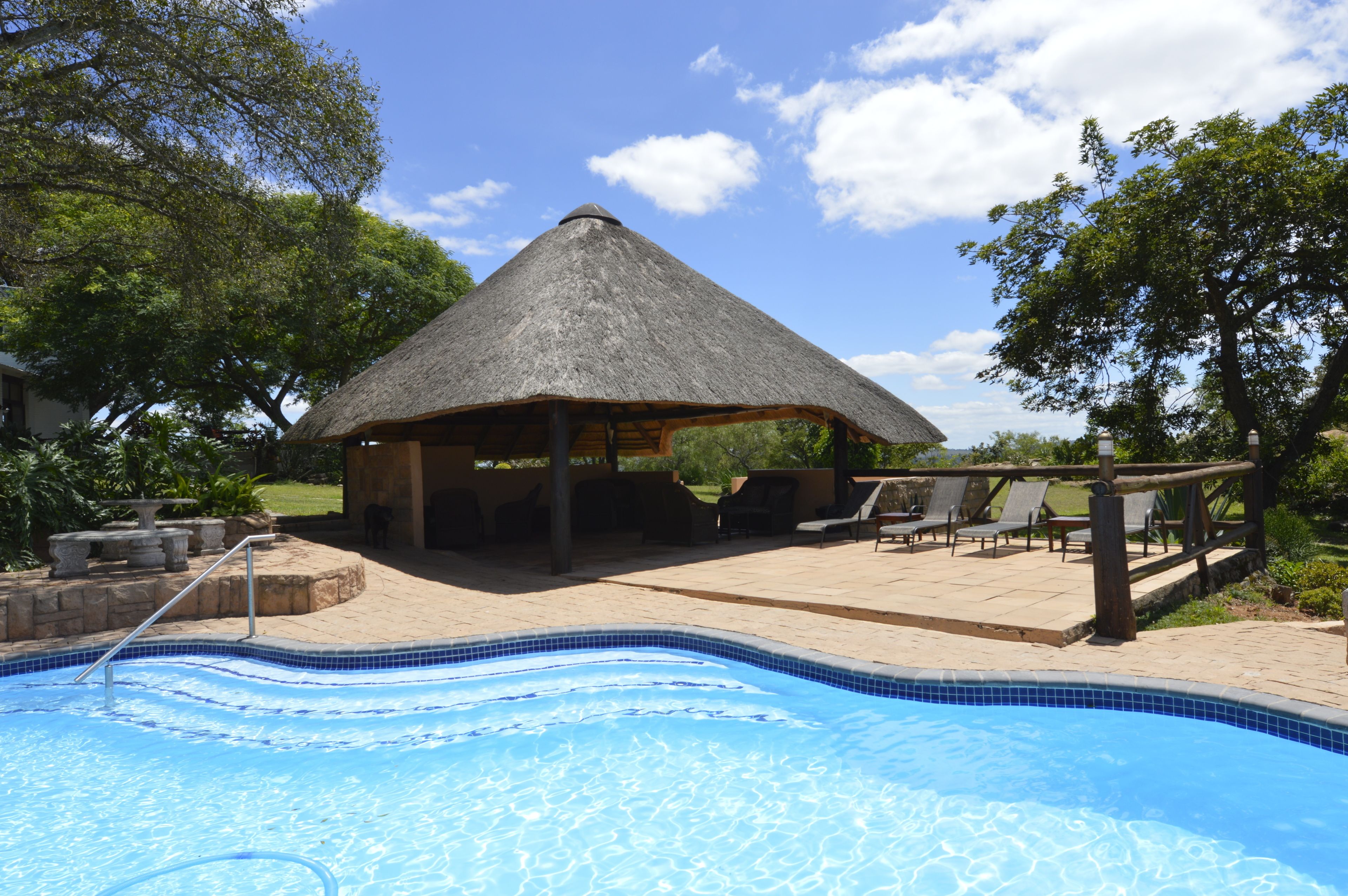 A swimming pool with a thatched-roof structure and lounge chairs.