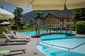 Seasonal outdoor pool, open 8:00 AM to 8:00 PM, pool umbrellas