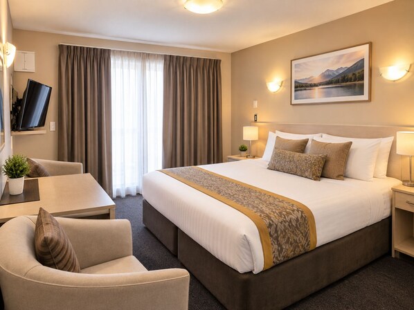 A hotel room with a large bed, a desk, a chair, a TV, and a painting on the wall.