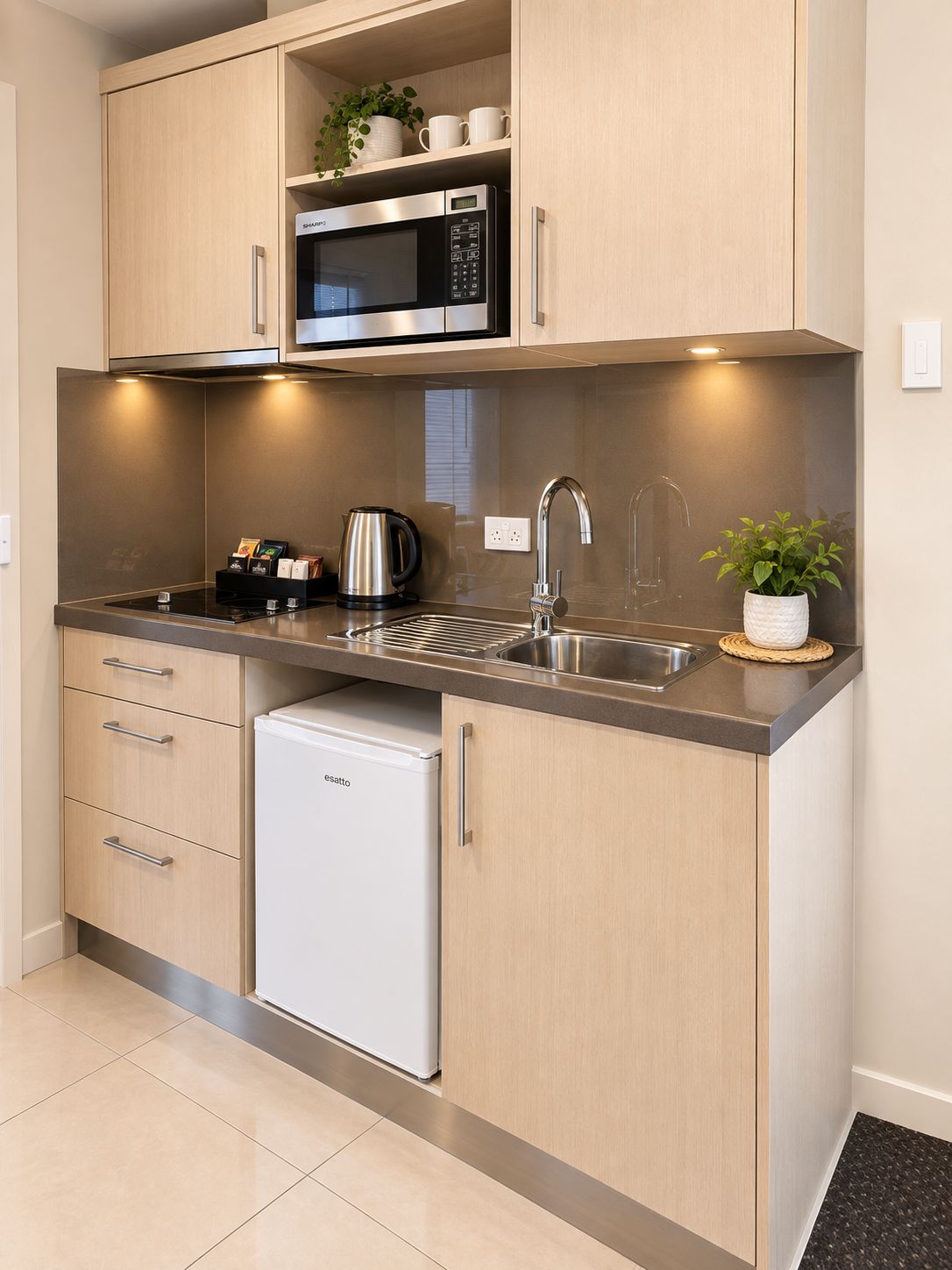 Una cocina compacta con microondas integrado, un lavamanos de acero inoxidable y un lavavajillas blanco.