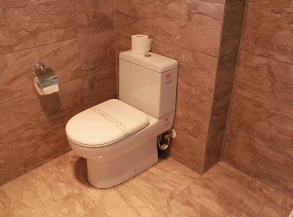 Un inodoro con asiento y tapa blancos, un dispensador de papel higiénico en la pared y un suelo de baldosas de mármol.