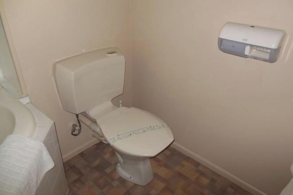 A small bathroom with a toilet, a hand dryer, and a white towel on the floor.