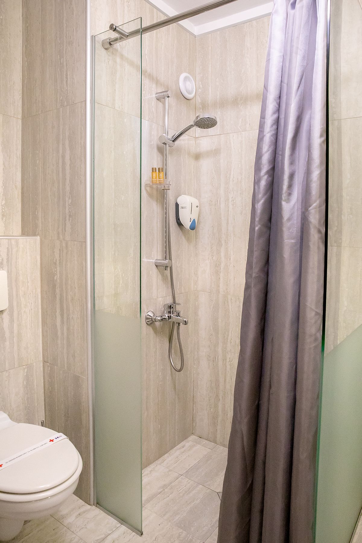 A modern bathroom with a glass-enclosed shower, a toilet, and a showerhead.