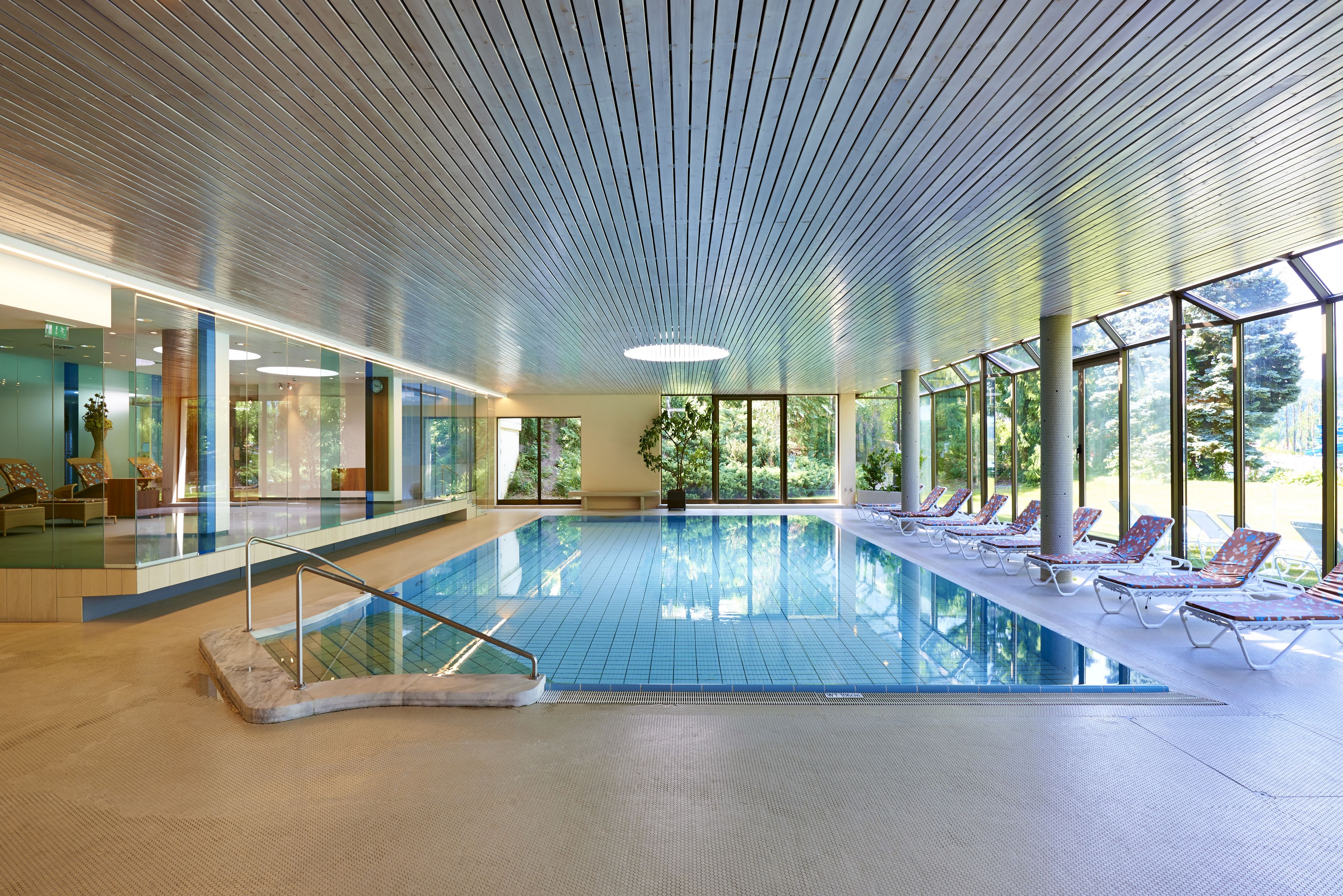 indoor pool, pool loungers