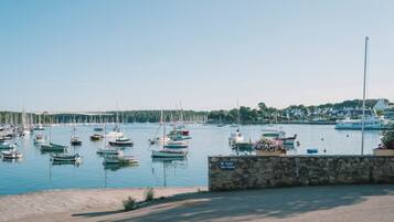 A marina with various boats docked, a stone wall, and a clear sky.