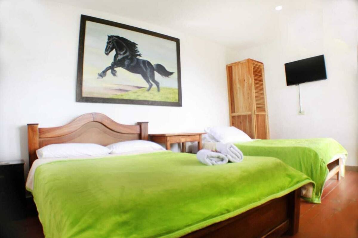 Ein Hotelzimmer mit zwei Betten, einem Holz-Kopfteil, einem angebrachten Fernseher und einem Bild von einem Pferd.