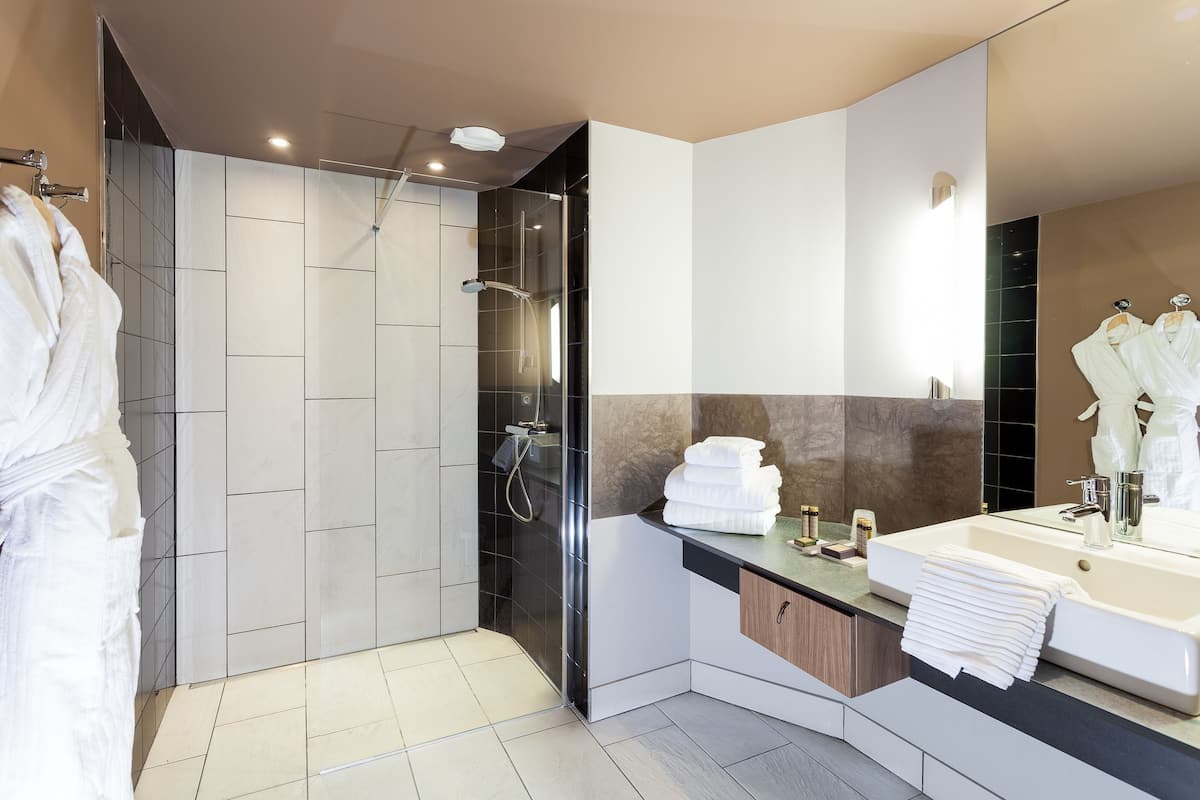 hair dryer, bathrobes, slippers, towels