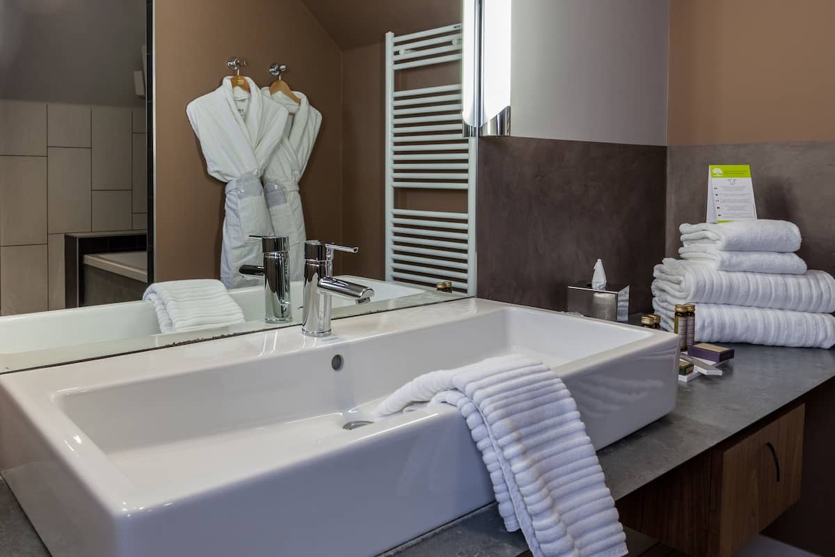 hair dryer, bathrobes, slippers, towels