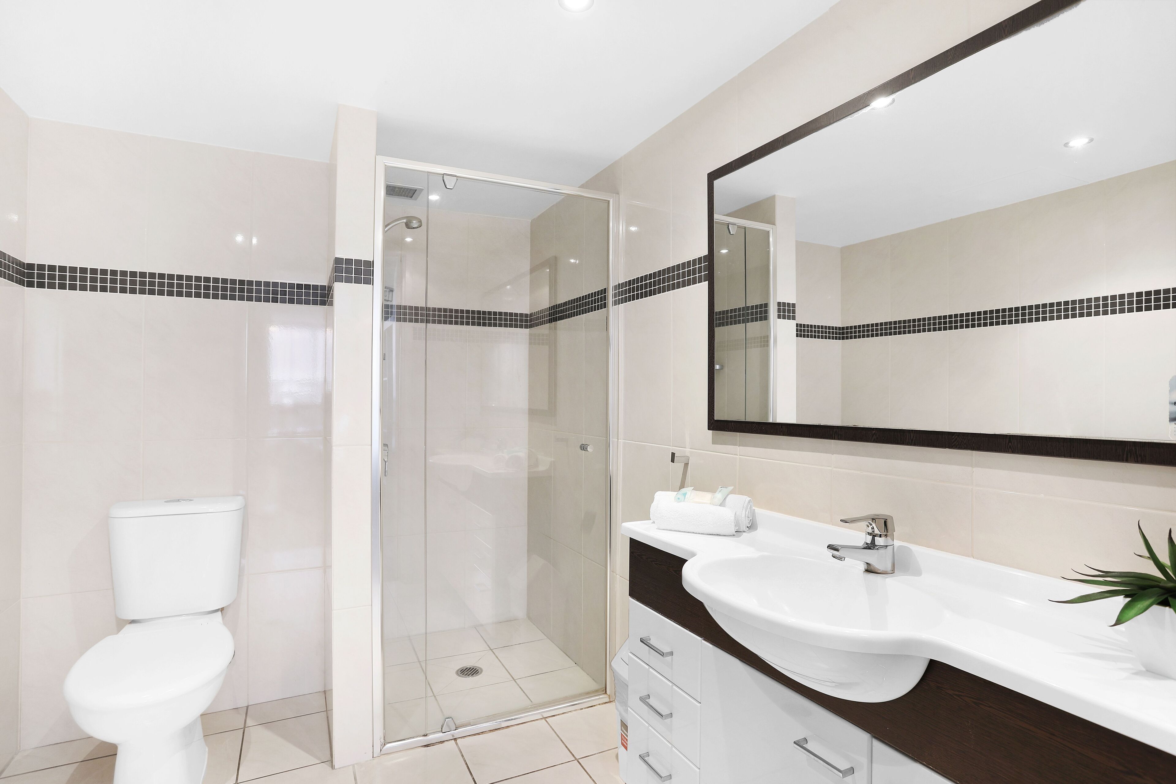 Un baño moderno con ducha envuelta en vidrio, inodoro blanco, lavabo blanco con encimera oscura y un espejo grande sobre el lavabo.