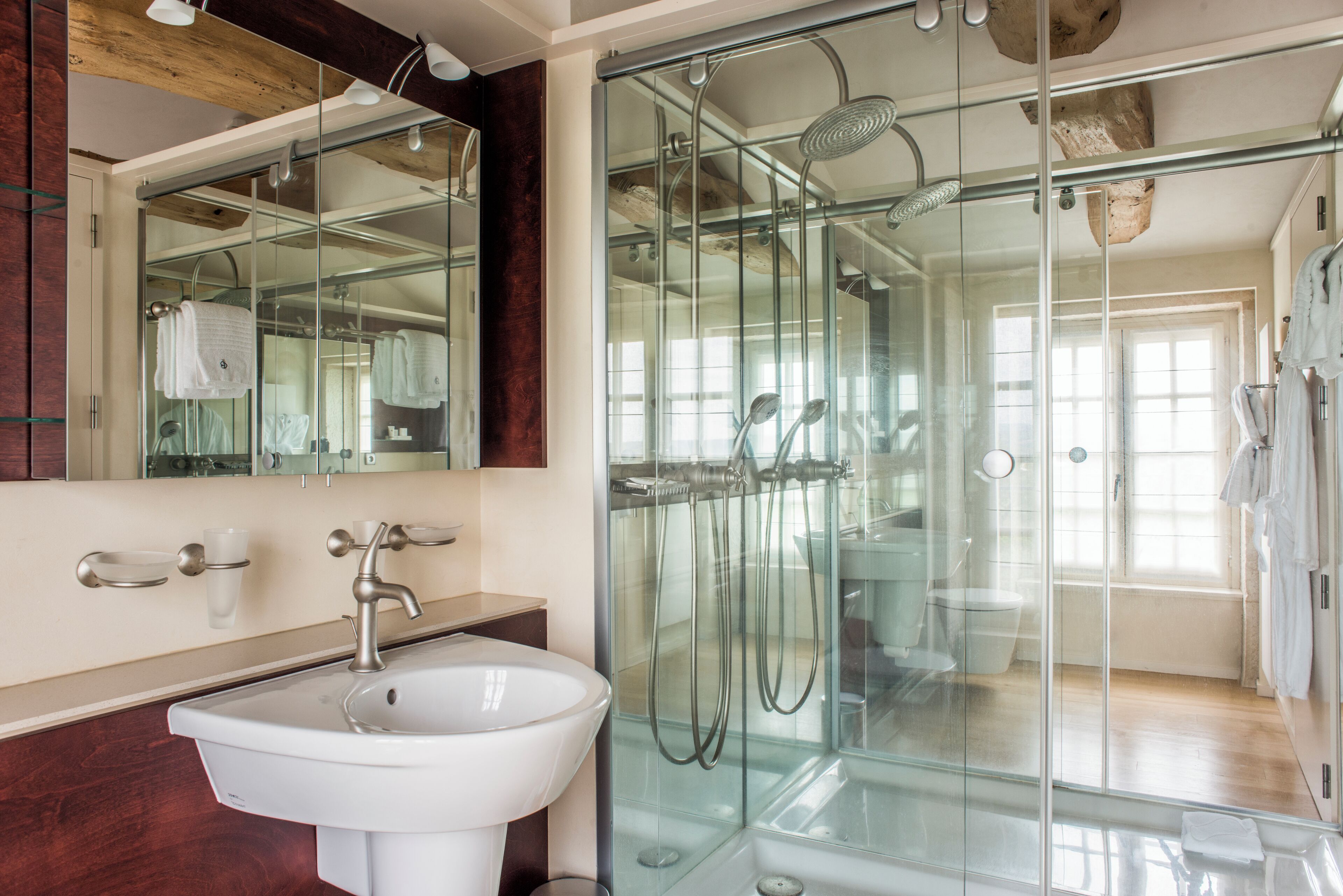 eco-friendly toiletries, hair dryer, bathrobes, towels