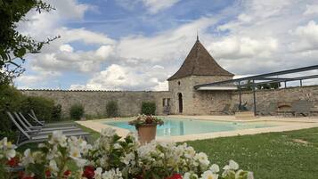 Seasonal outdoor pool, open 8:00 AM to 8:30 PM, pool loungers