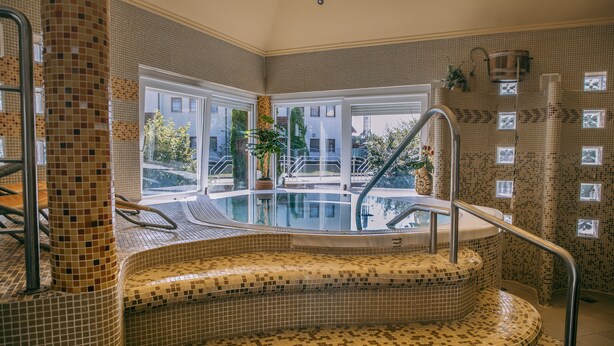 Una piscina interna con piastrelle e una scala a chiocciola che conduce a una zona idromassaggio.