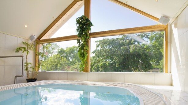 Une piscine intérieure moderne, dotée de grandes baies vitrées offrant une vue dégagée sur les arbres à l’extérieur.