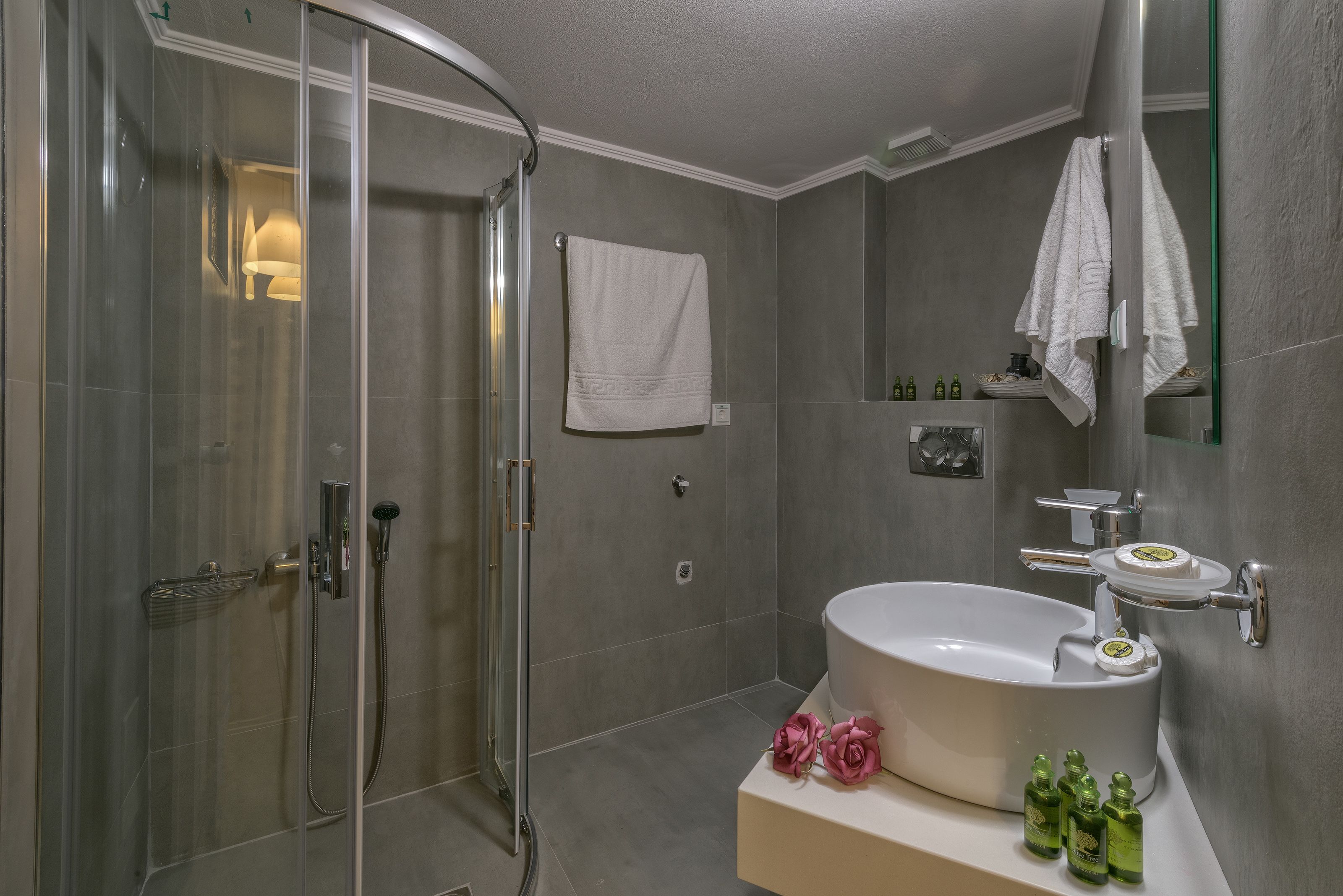 apartment | bathroom | hair dryer, slippers, towels, shampoo