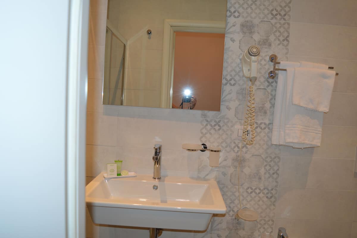 combined shower/bathtub, hair dryer, towels
