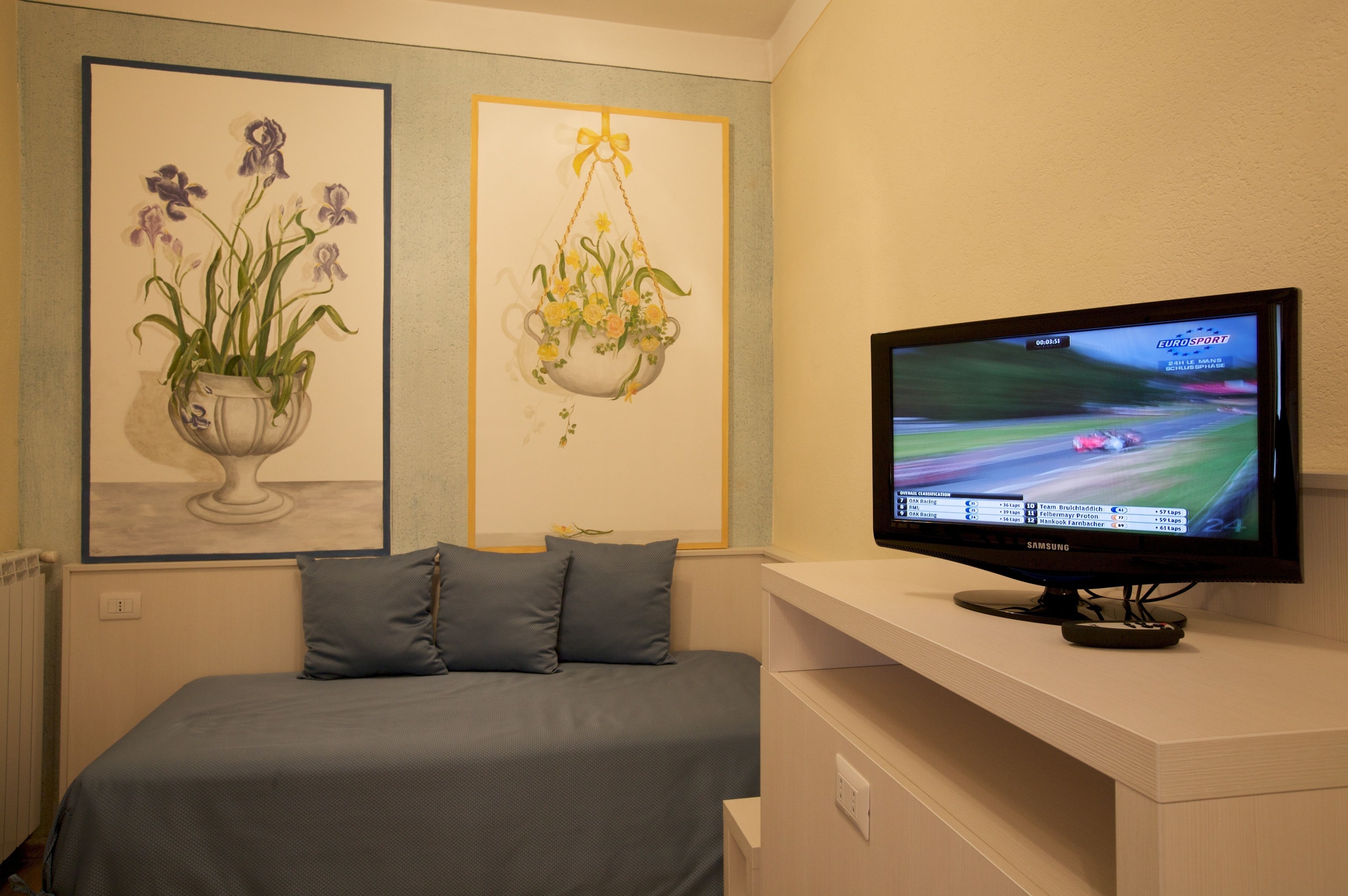 Una camera da letto con un letto, una televisione su un mobile e due quadri floreali appesi alla parete.