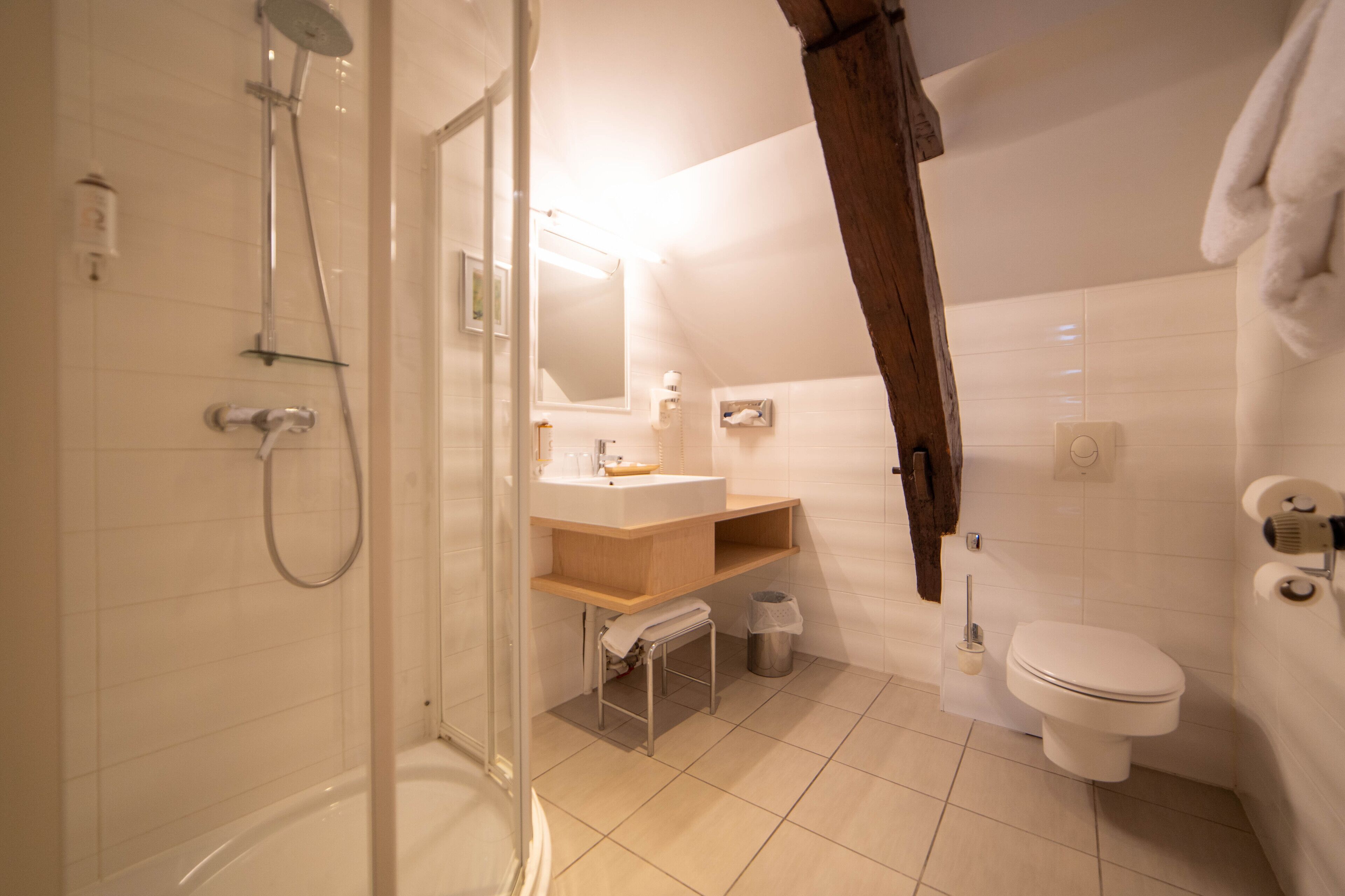superior double room | bathroom | shower, free toiletries, hair dryer, towels