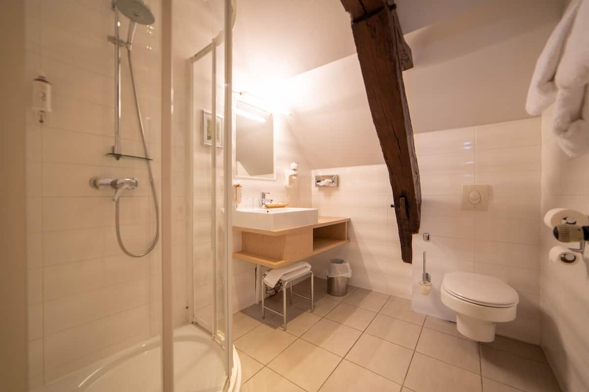 superior double room | bathroom | shower, free toiletries, hair dryer, towels