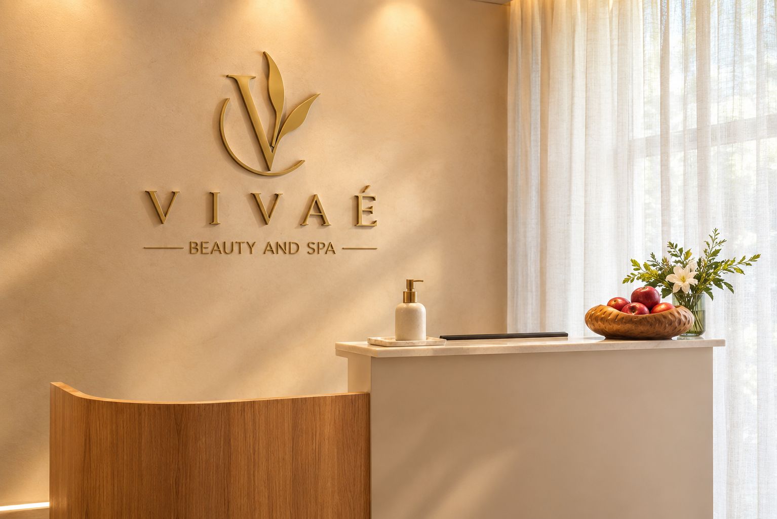 Un mostrador de recepción con el logotipo de 'VIVAÉ Beauty and Spa' y un frutero pequeño con manzanas y flores.