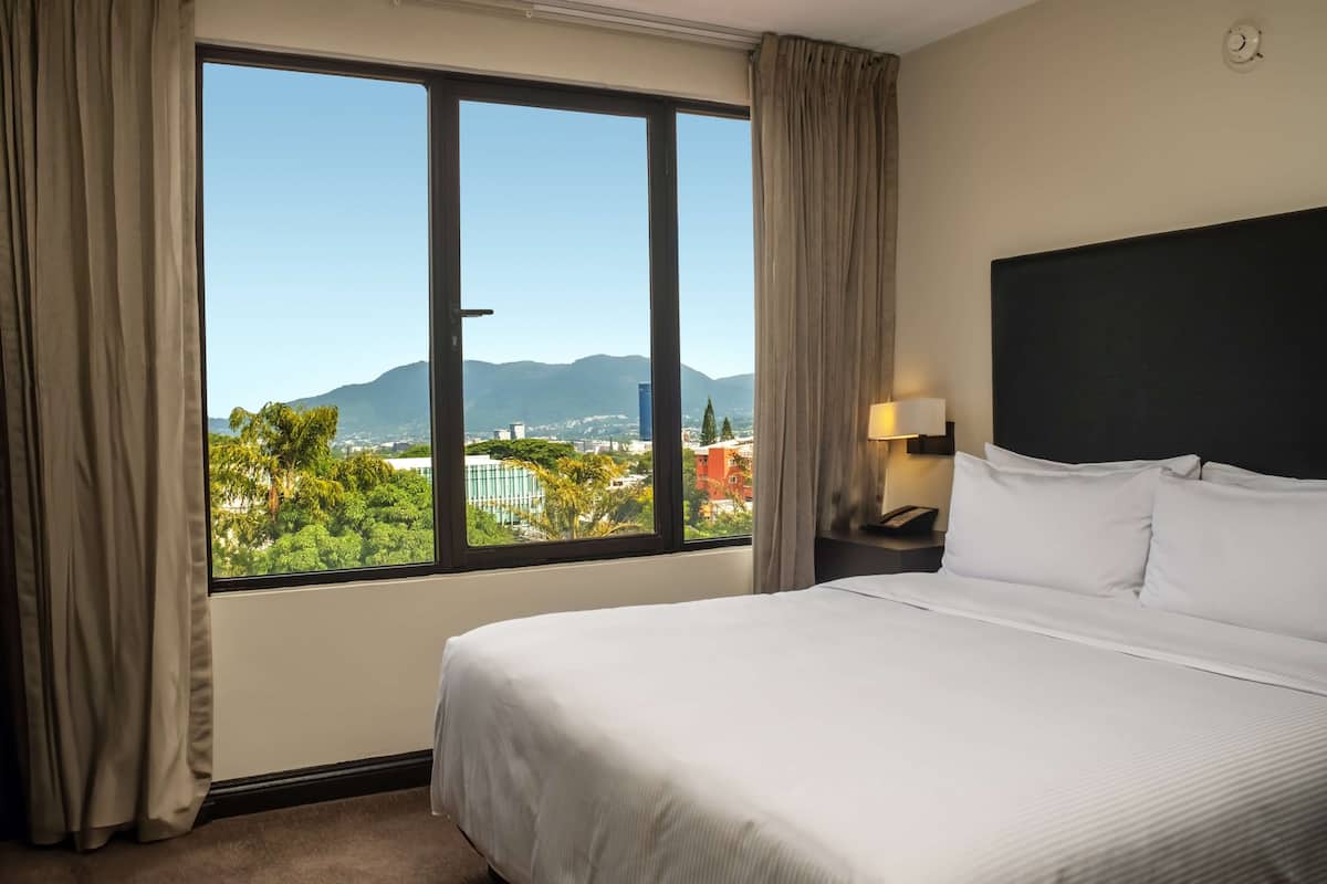 A hotel room with a large window, a bed, a nightstand, and a lamp.