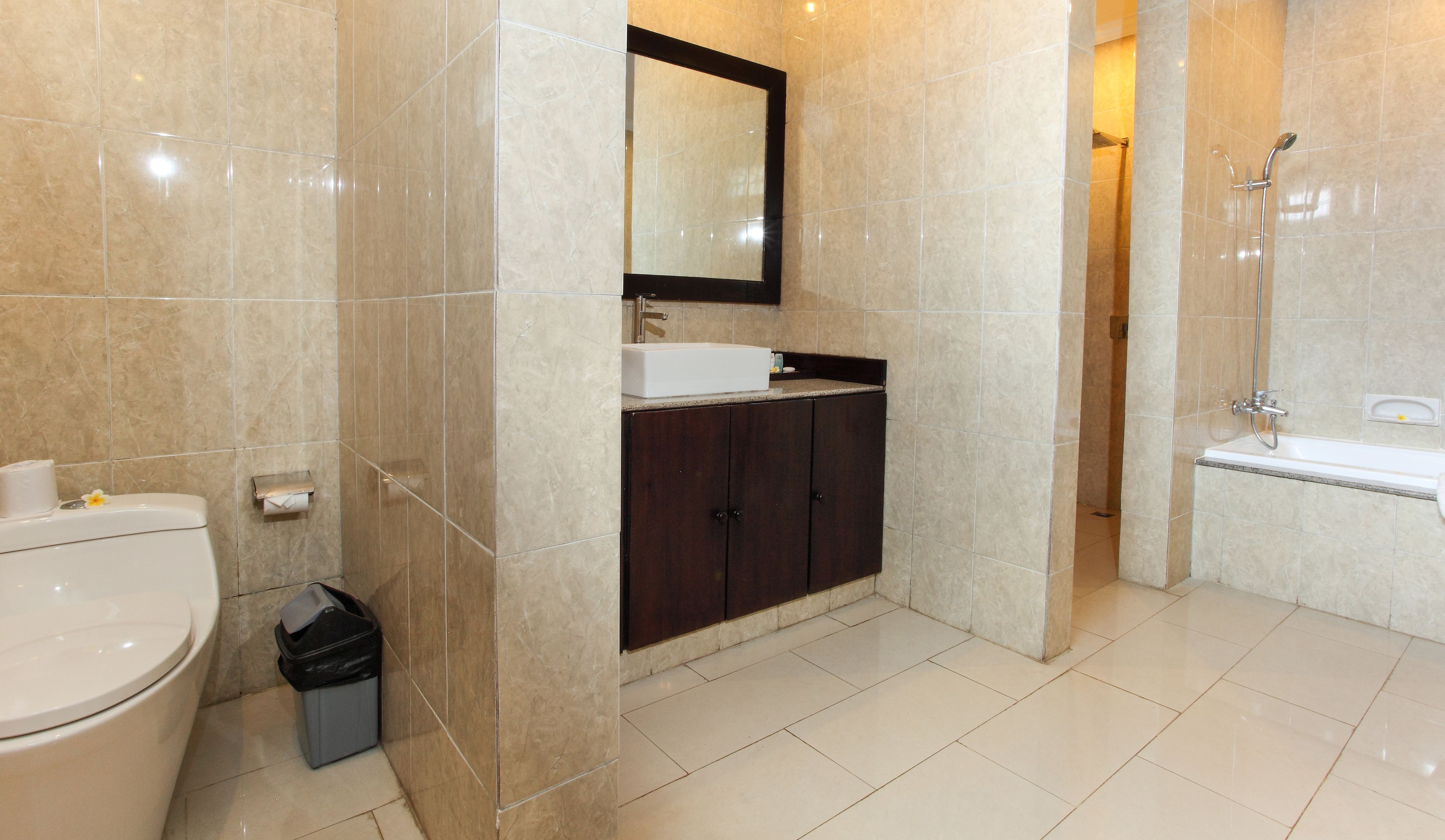 A bathroom with a toilet, sink, mirror, cabinet, and shower.