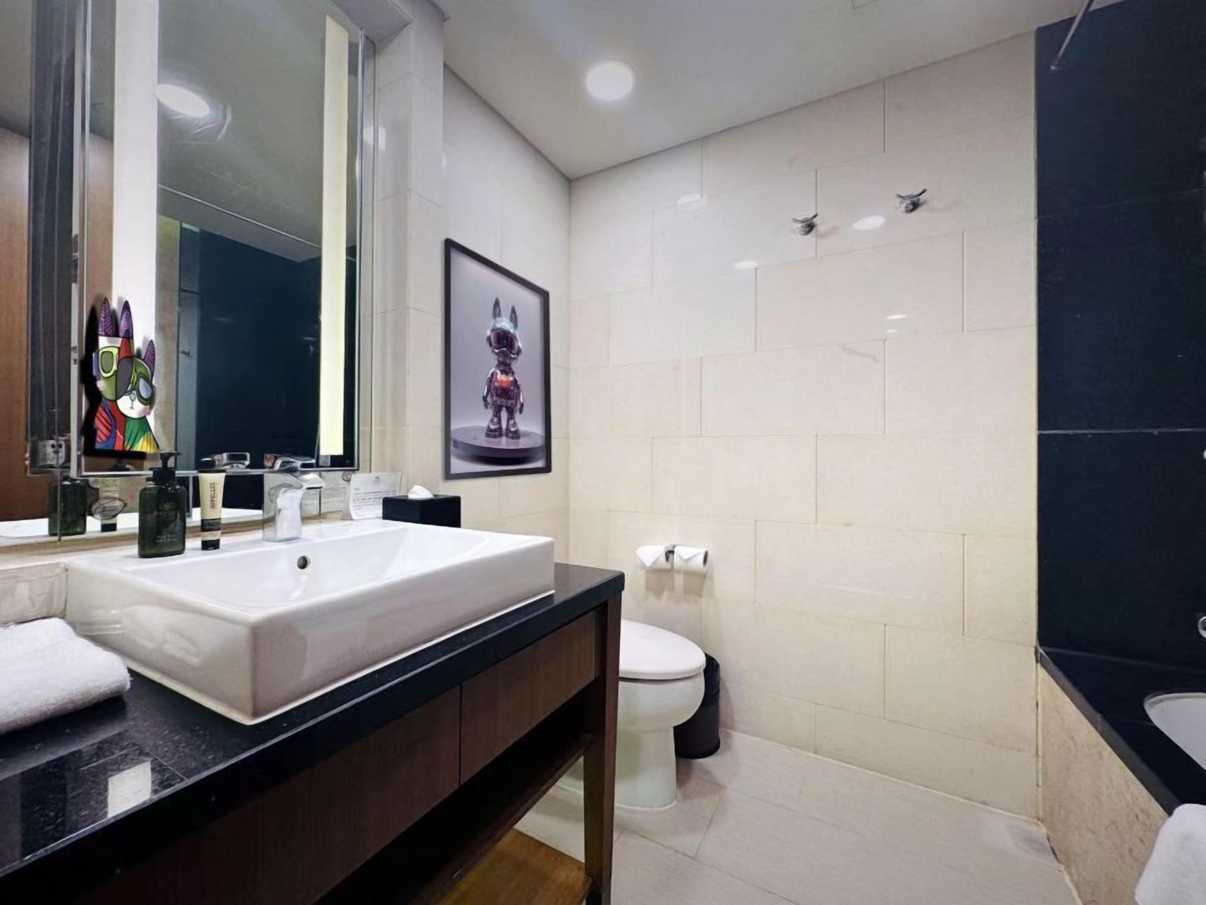 A modern bathroom with a large white sink, dark countertop, and a toilet. There is a framed picture on the wall and a mirror above the sink.