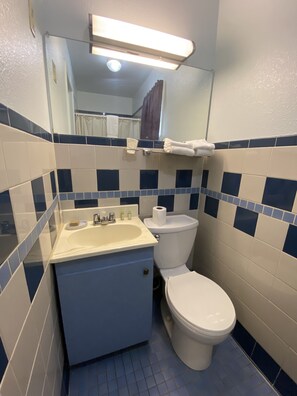 A bathroom with a sink, toilet, and mirror.