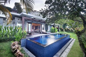 A modern house with a swimming pool, outdoor seating, and lush greenery.