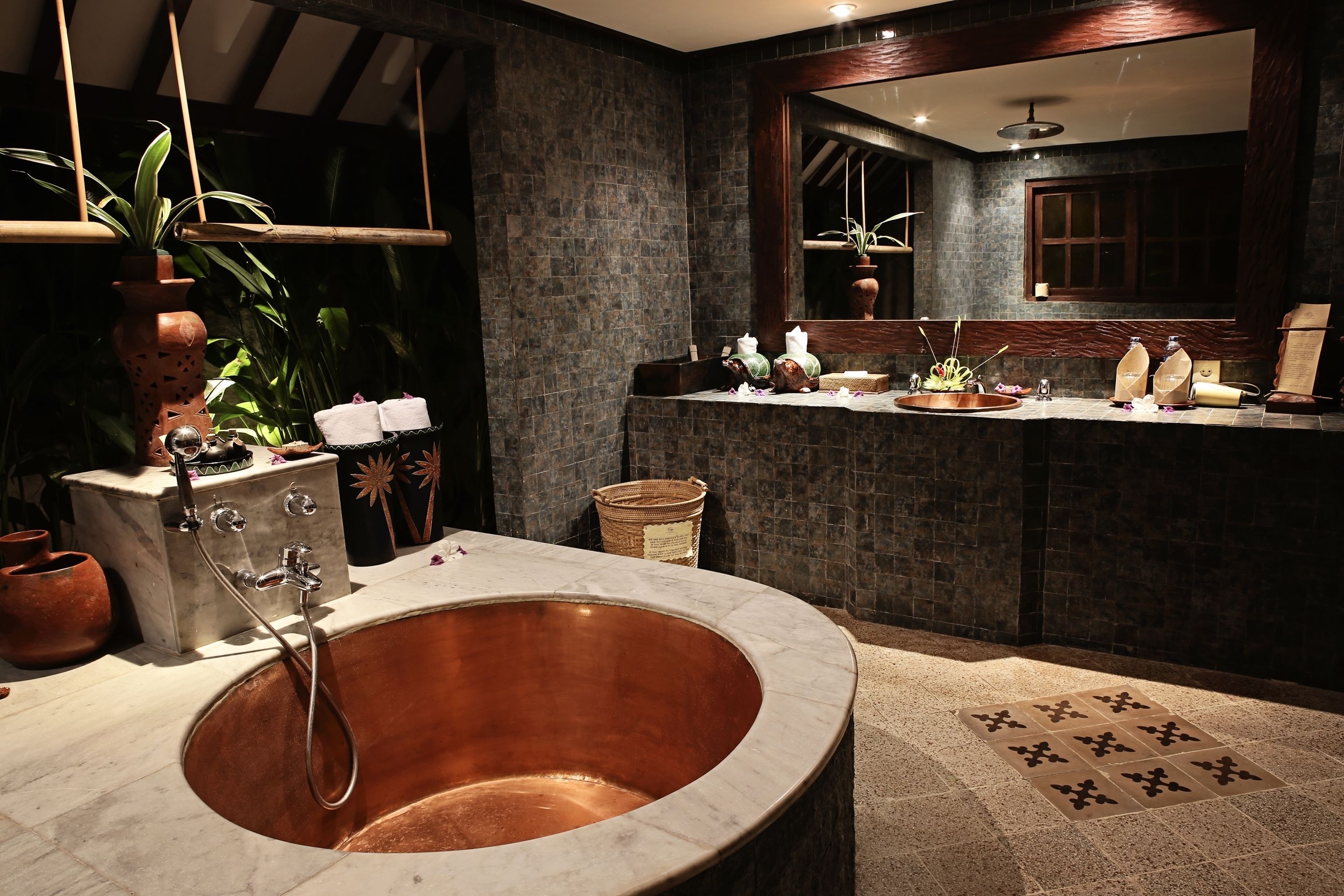 kampong lombok bungalow | bathroom | separate bathtub and shower, jetted bath, rainfall showerhead