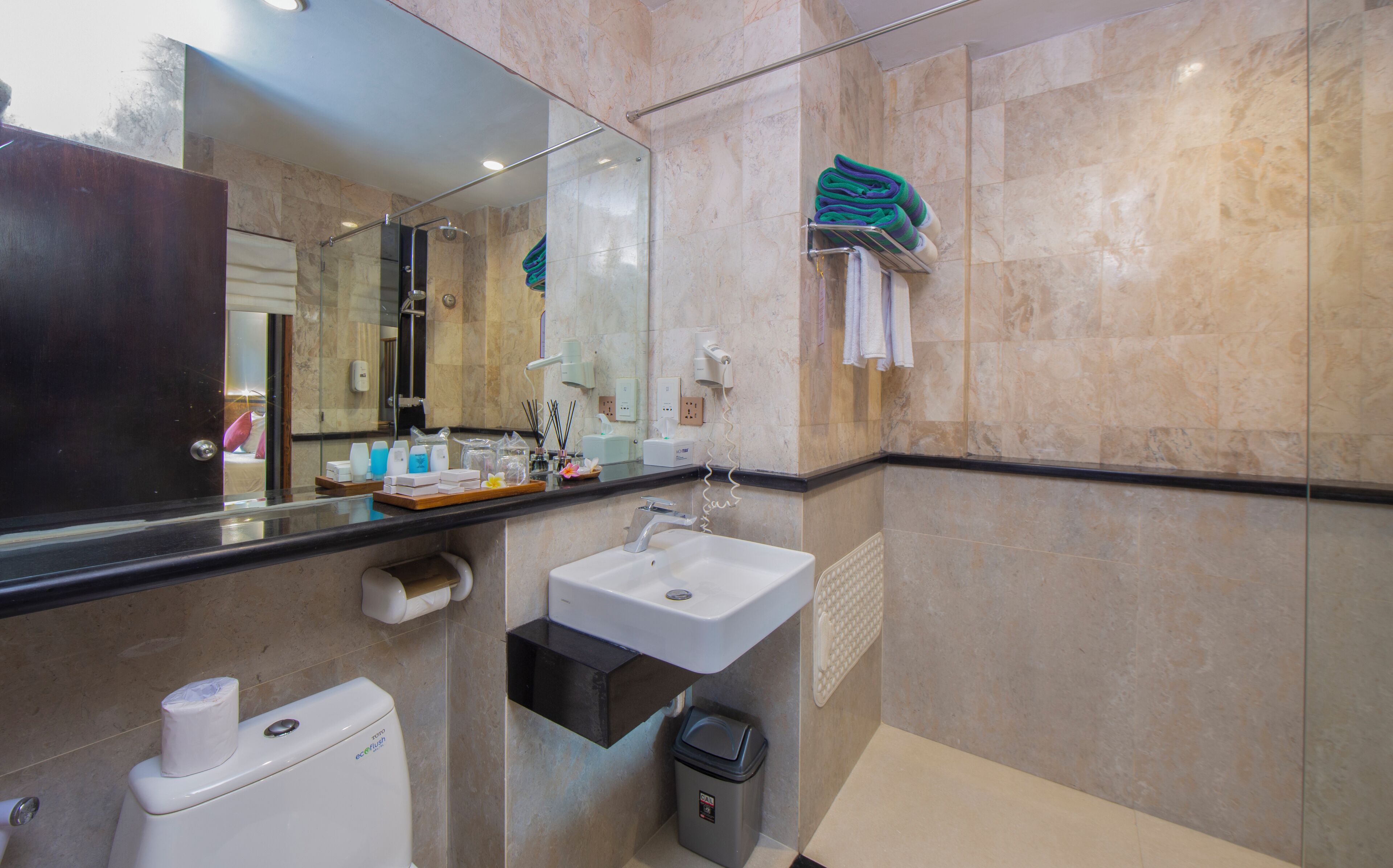 free toiletries, hair dryer, towels